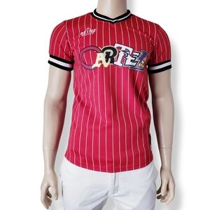 RS1NE Red & White Striped V-Neck "Cartel" Print Jersey